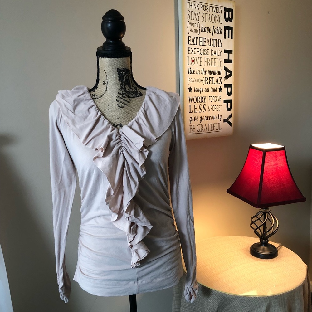 CAbi Pale Pink / Cream Ruffle-Front Long Sleeve Top